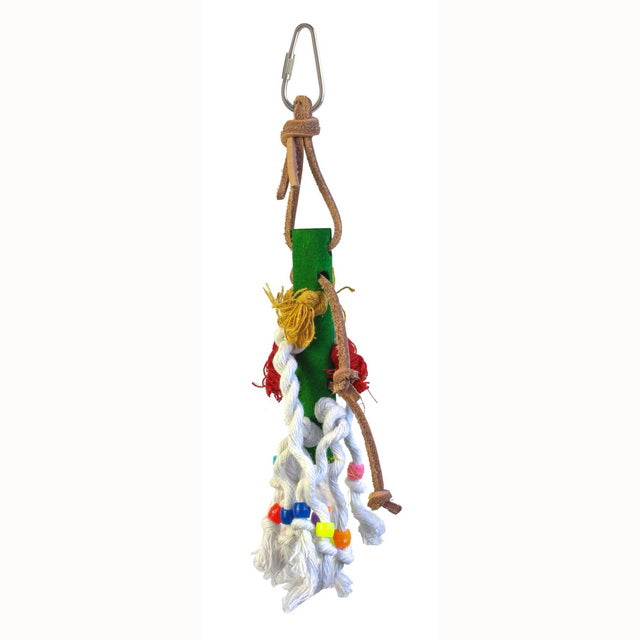 GIOCO BIRD IN LEGNO, CORDA E CUOIO CON PERLINE CM 6X30