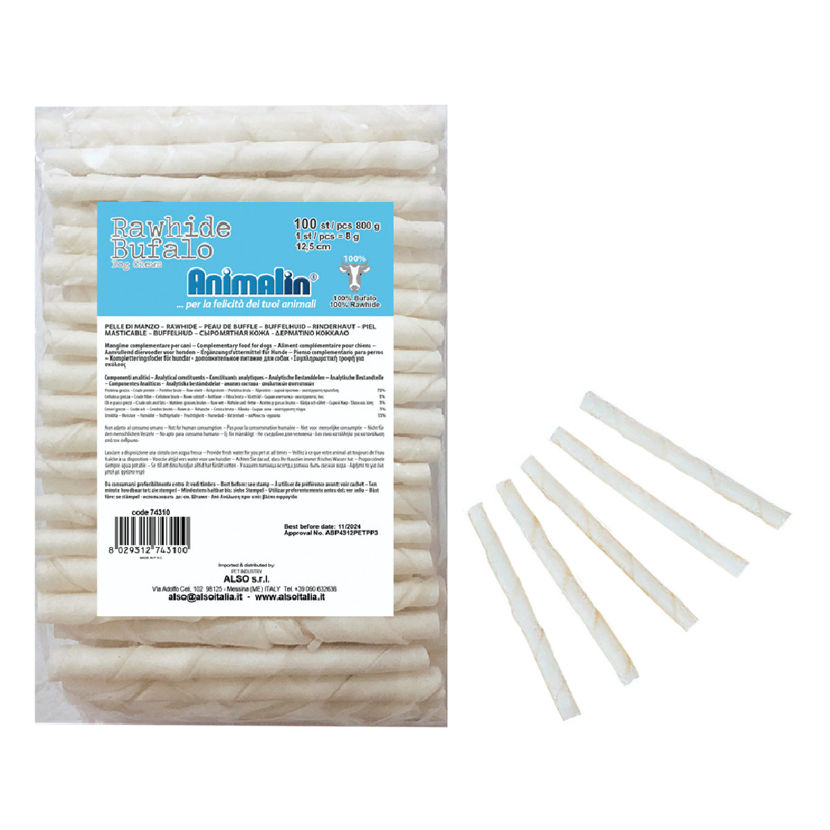 OSSO BUFALO BIANCO STICK PER CANI BUSTA DA 100 PZ