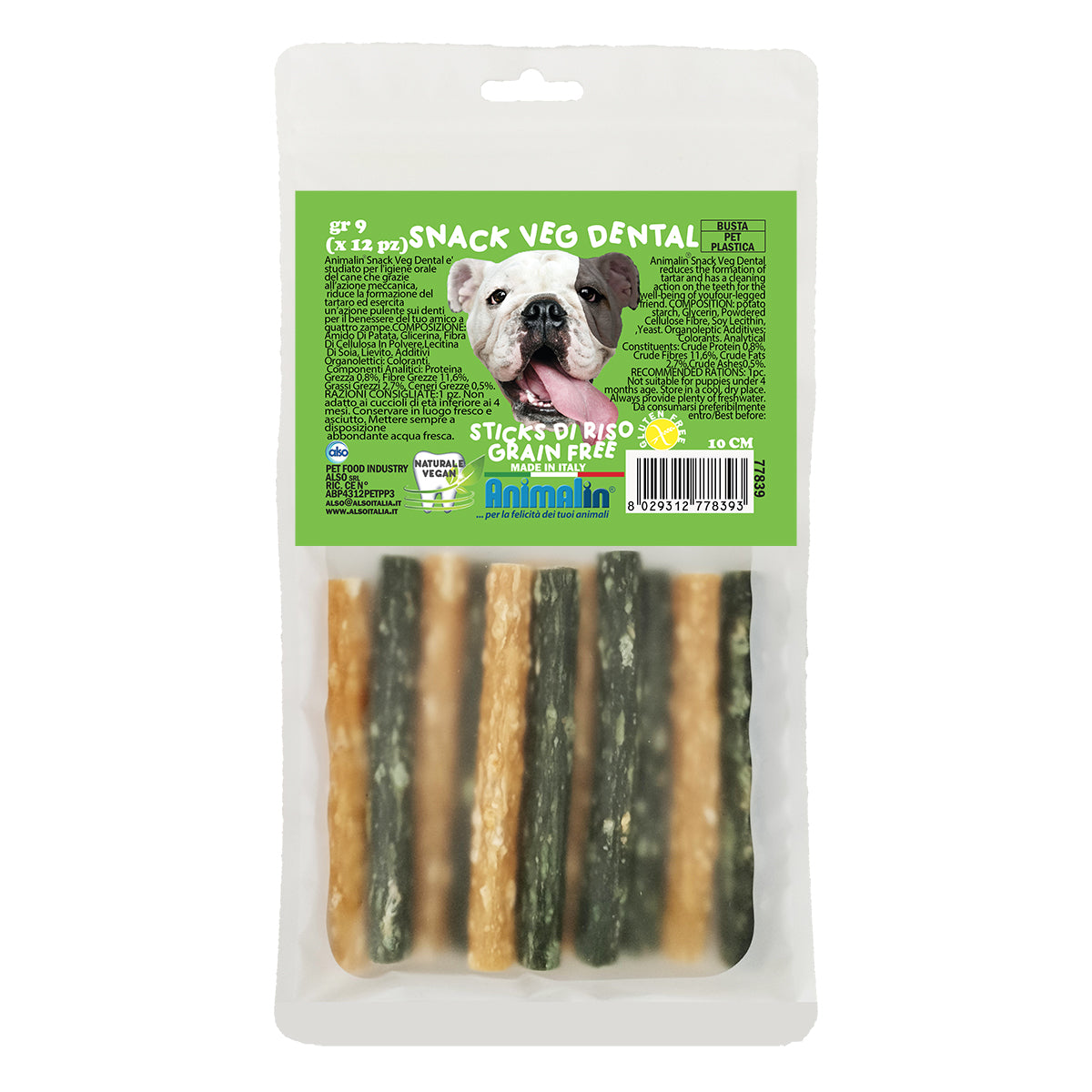 Snack dental sticks di riso grain free per cani taglia S, 10 cm, confezione da 12 pezzi