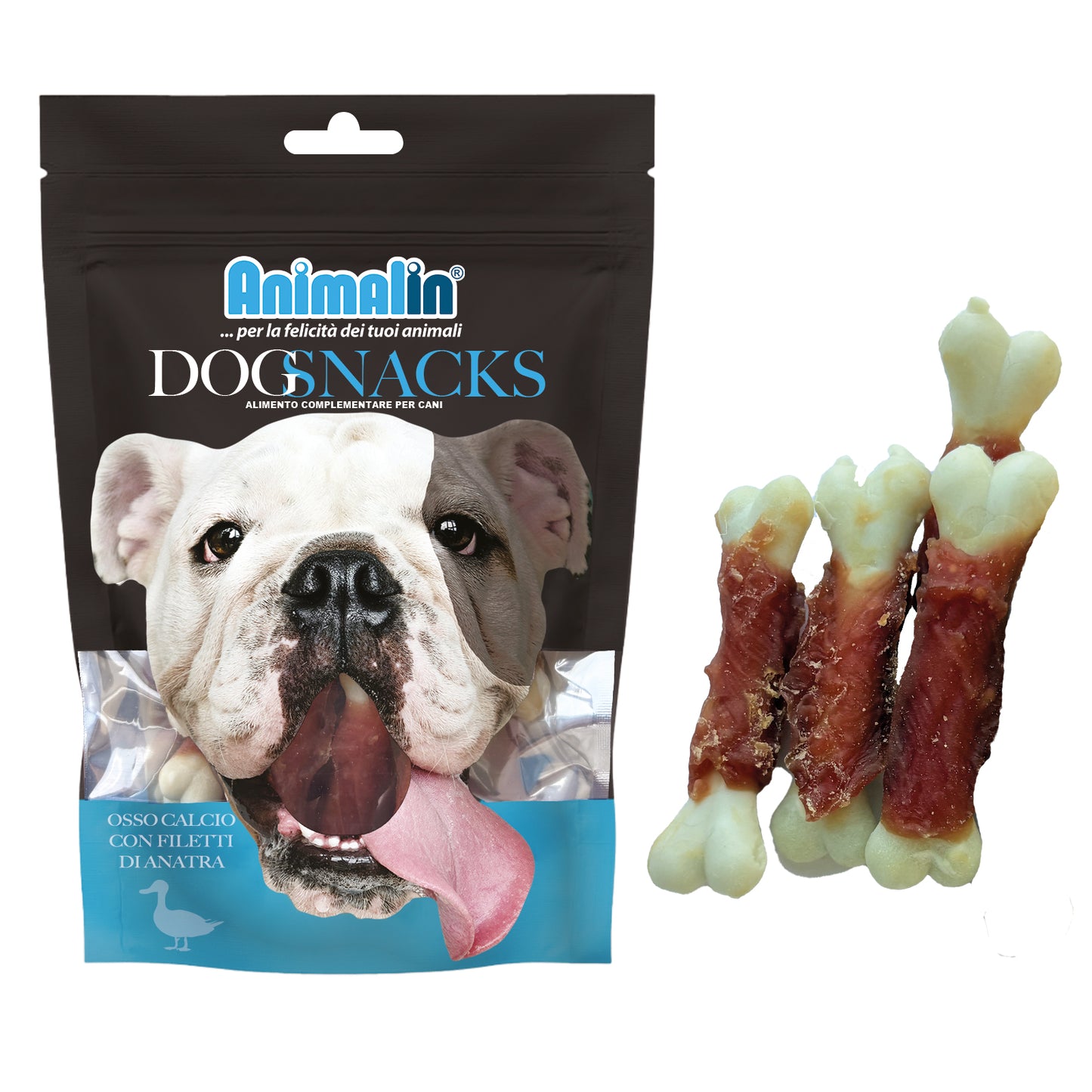 SNACK MONOPRO OSSO DI CALCIO CON FILETTI DI ANATRA