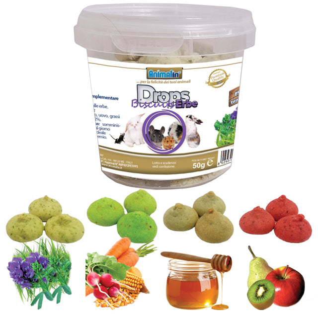 Biscotti snack frutta per roditori e conigli, confezione da 50 g con ingredienti naturali