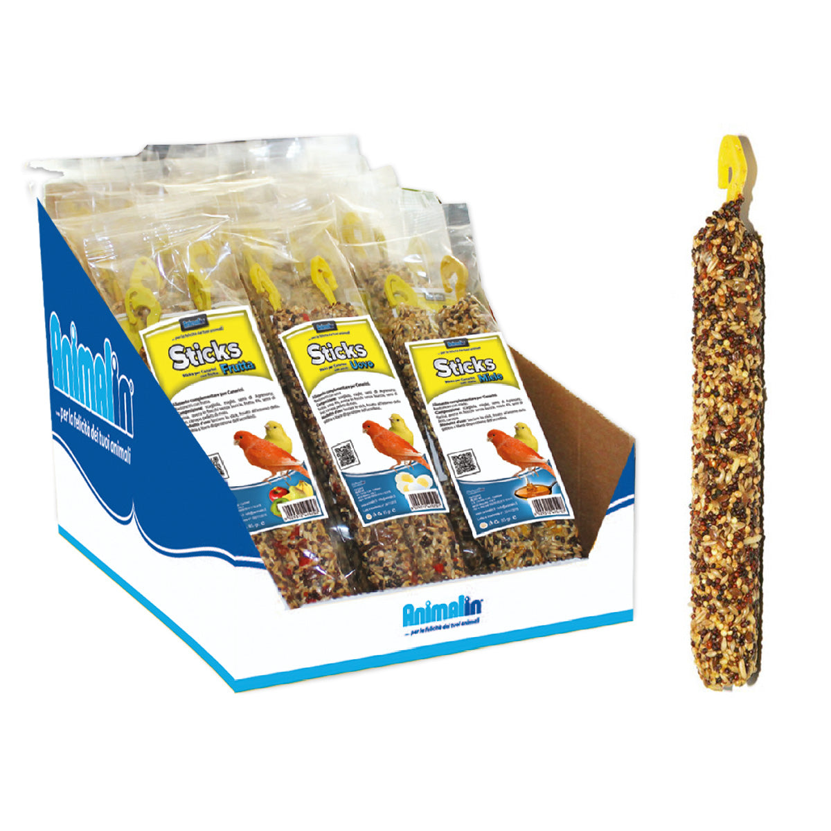 Sticks per canarini al miele da 85 g con gancio di sospensione per gabbia