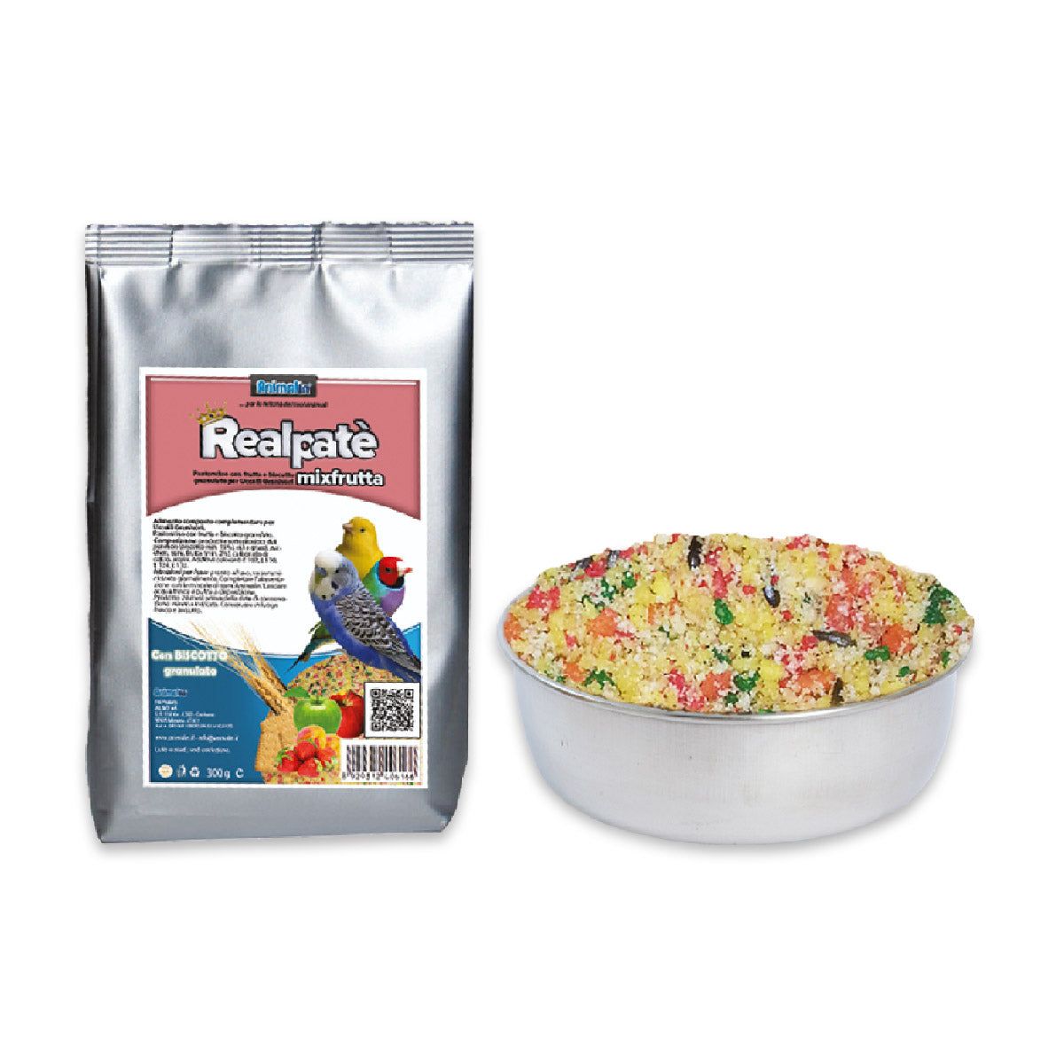 Pastoncino Mixfrutta per uccelli granivori, alimento complementare morbido con frutta e biscotto