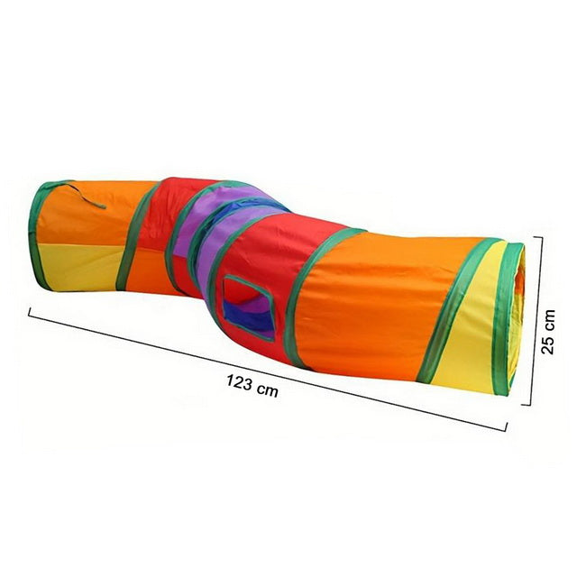 Gioco tunnel a S per gatti e piccoli animali, poliestere colorato arcobaleno con pallina sonaglio, 123 x 25 cm