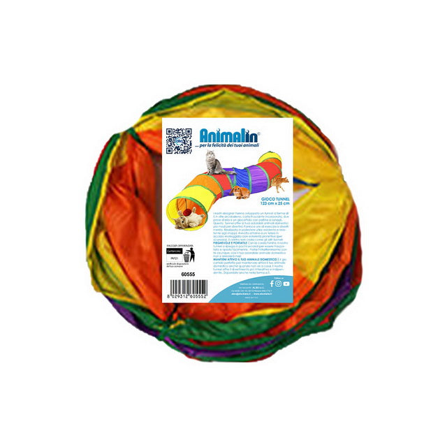 Gioco tunnel a S per gatti e piccoli animali, poliestere colorato arcobaleno con pallina sonaglio, 123 x 25 cm