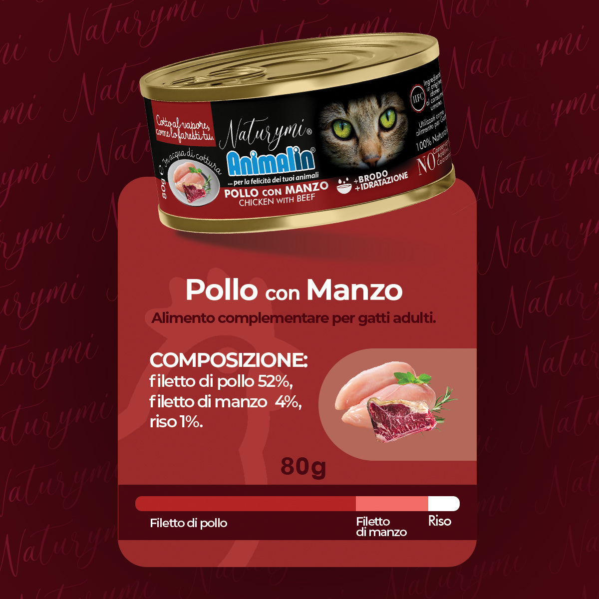 Alimento umido per gatti adulti NATURYMI HFC con pollo e manzo in acqua di cottura, confezione 80 g