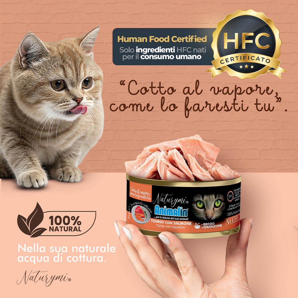 Alimento umido per gatti adulti NATURYMI HFC con pollo e manzo in acqua di cottura, confezione 80 g