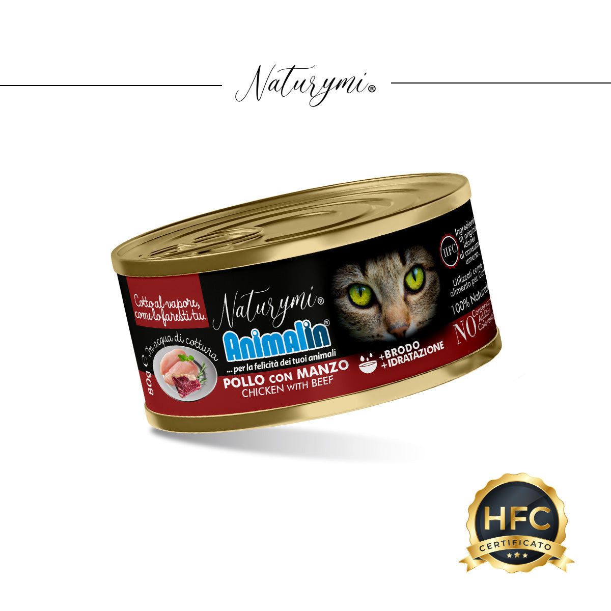 Alimento umido per gatti adulti NATURYMI HFC con pollo e manzo in acqua di cottura, confezione 80 g