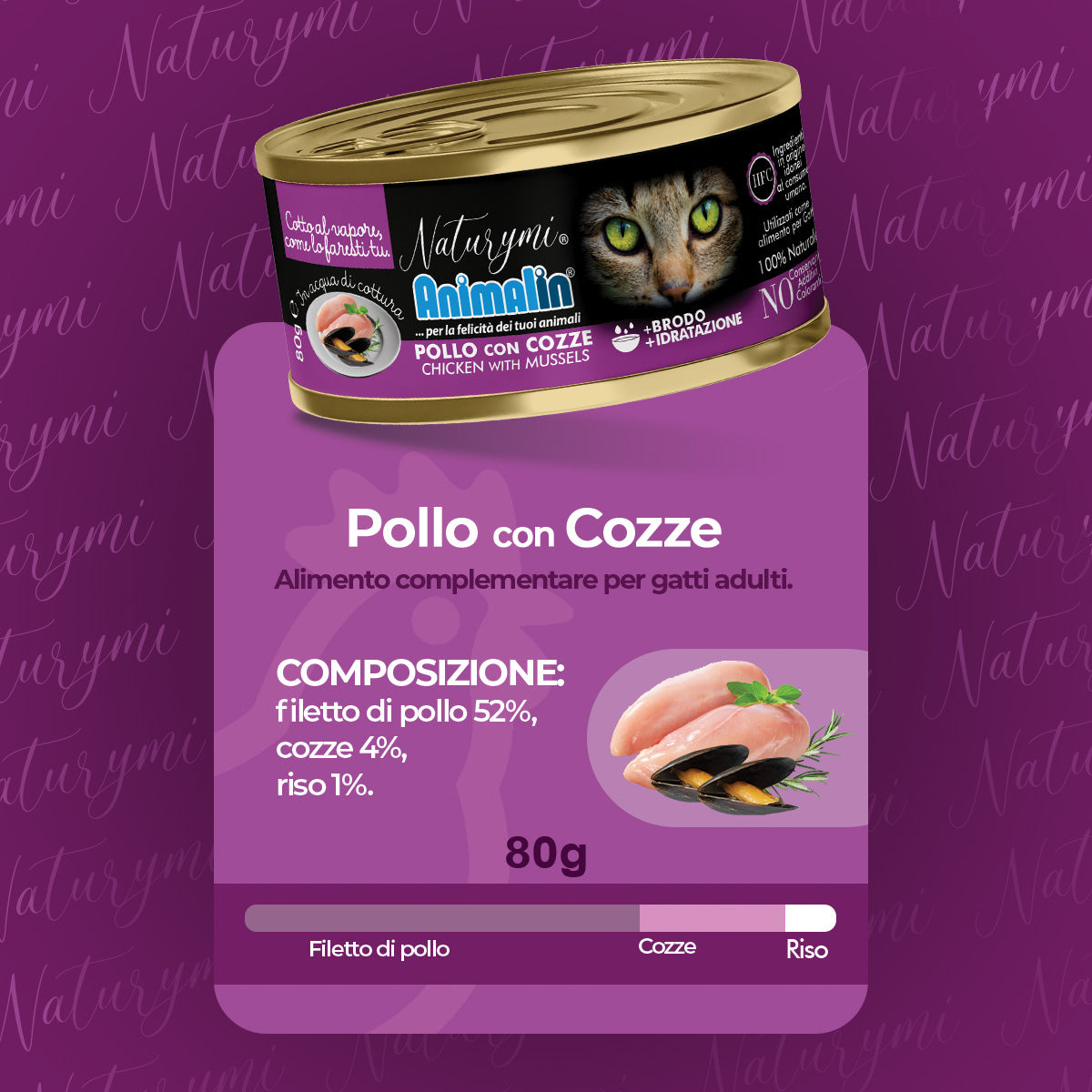 Alimento complementare per gatti Naturymi HFC pollo con cozze in acqua di cottura 80 g