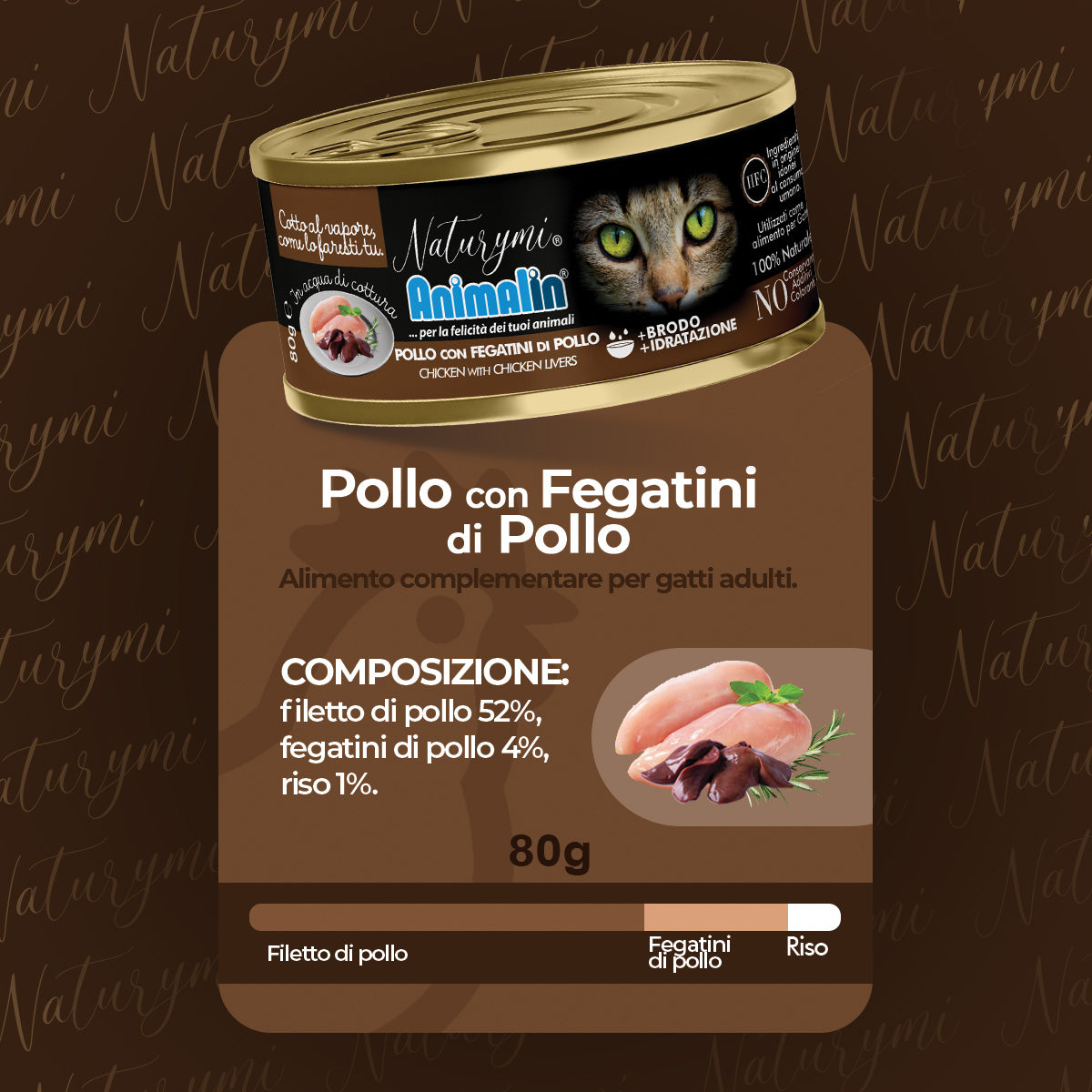 Umido per gatti adulti con fegatini di pollo in acqua di cottura, lattina 80 g