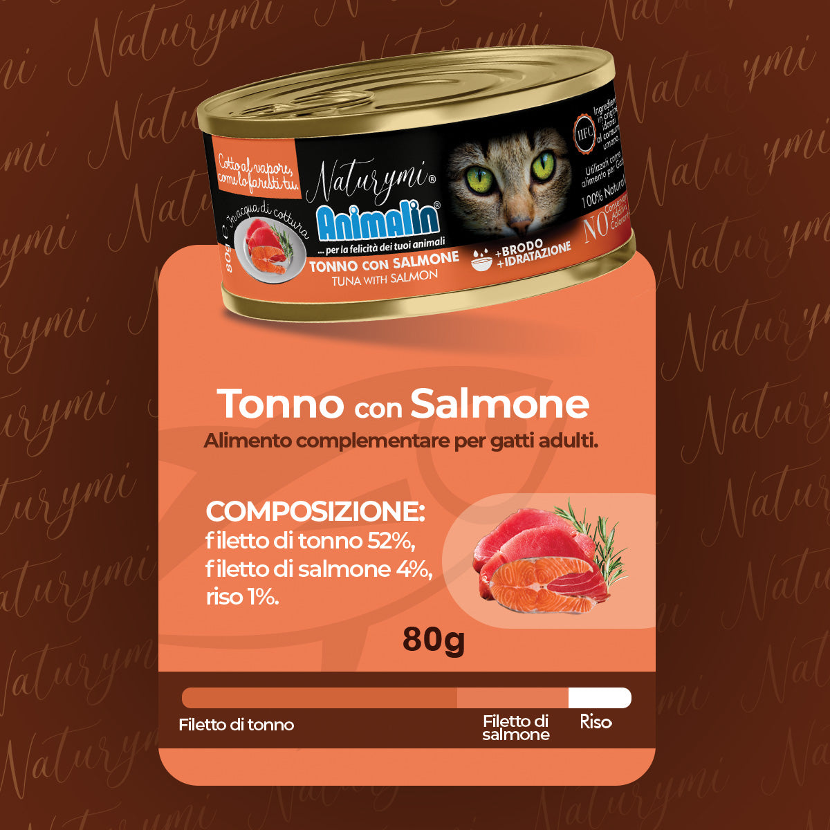 Tonno con salmone in acqua di cottura per gatti adulti, lattina 80 g
