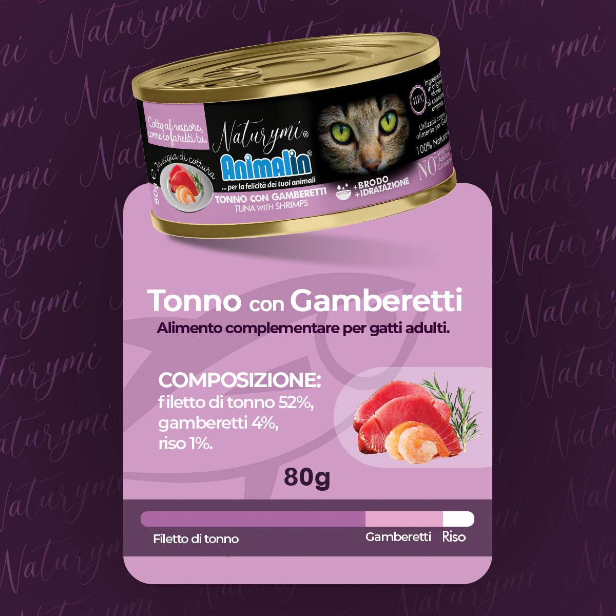 Bocconcini di tonno e gamberi in acqua per gatti adulti, 80 g