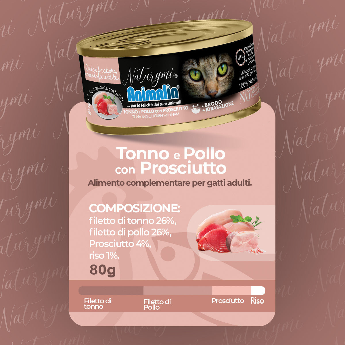 Alimento umido Naturymi HFC tonno e pollo con prosciutto in acqua di cottura per gatti adulti, 80 g