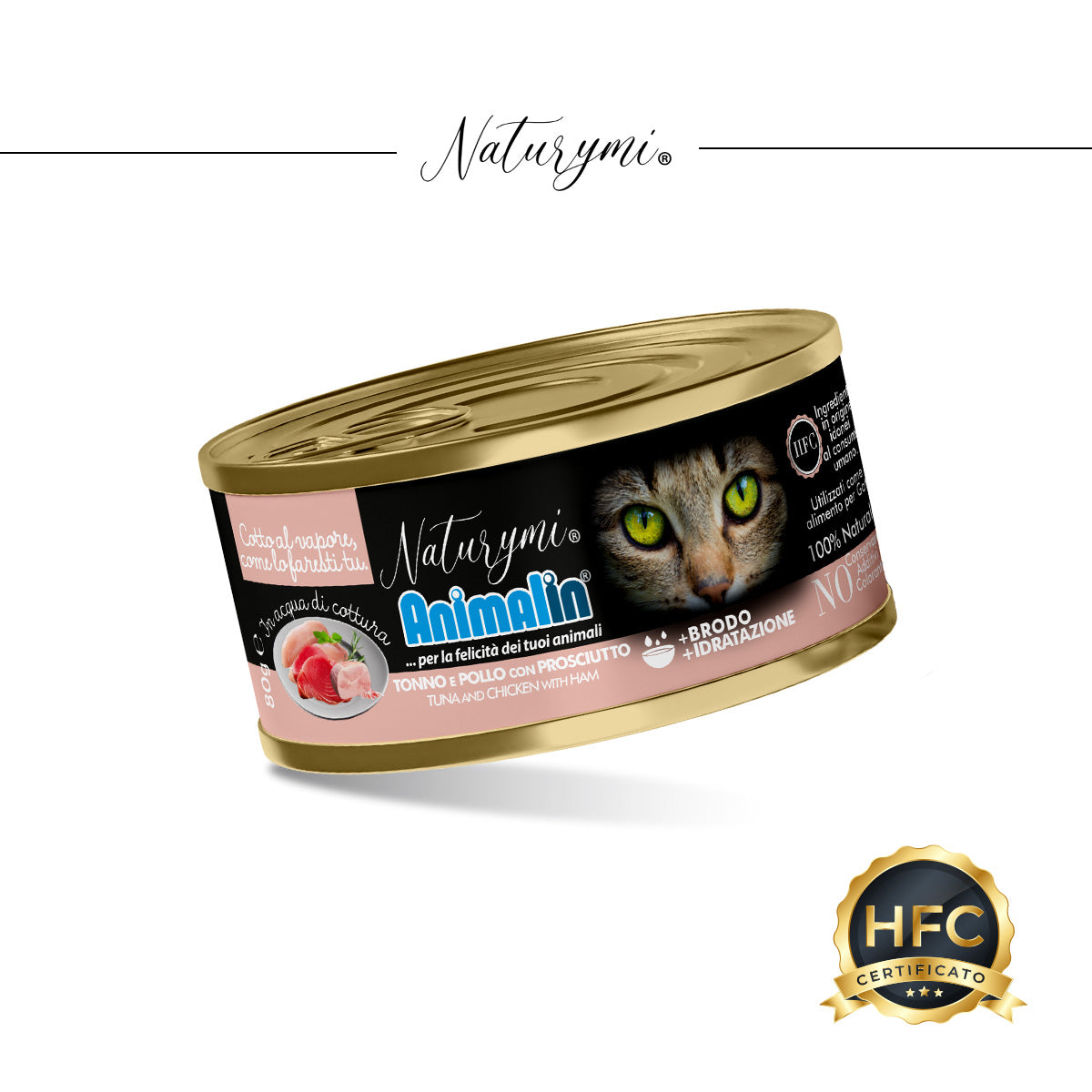 Alimento umido Naturymi HFC tonno e pollo con prosciutto in acqua di cottura per gatti adulti, 80 g