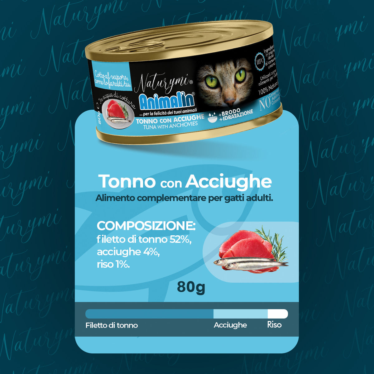 Cibo umido per gatti Naturymi HFC tonno e acciughe in acqua di cottura 80g