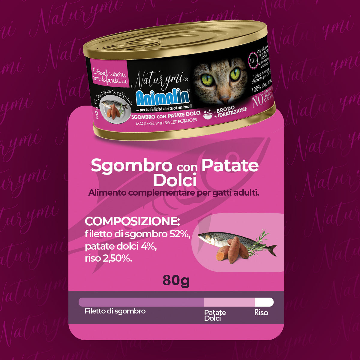 Alimento complementare Naturymi HFC sgombro e patate dolci per gatti adulti, 80 g in acqua di cottura