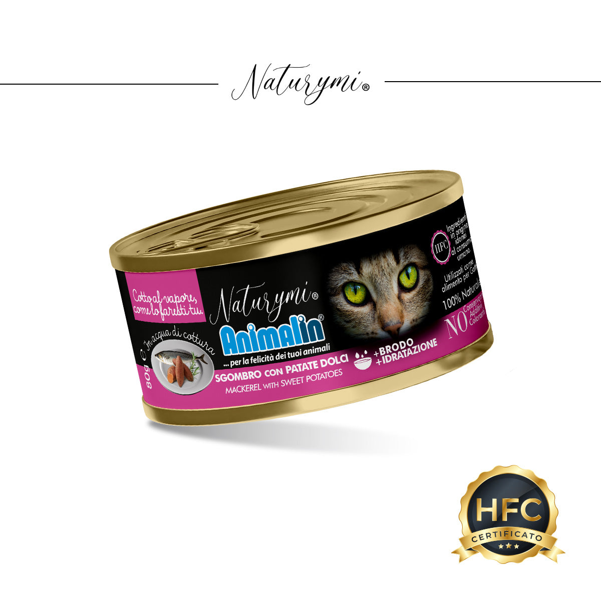 Alimento complementare Naturymi HFC sgombro e patate dolci per gatti adulti, 80 g in acqua di cottura