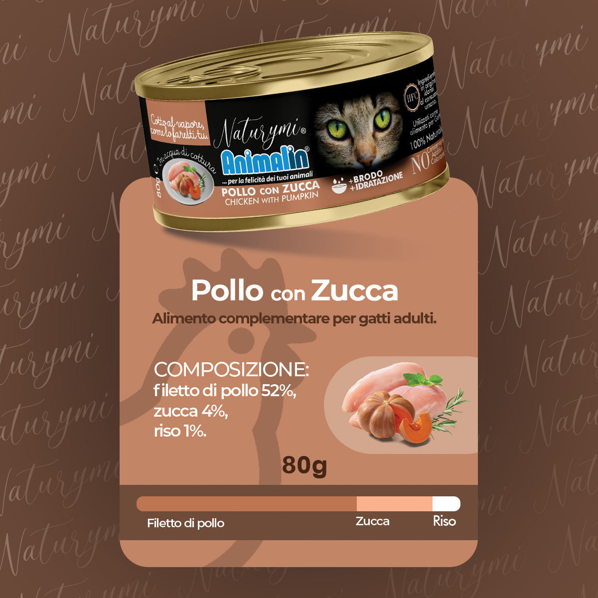 Alimento complementare NATURYMI HFC pollo con zucca in acqua di cottura 80 g per gatti adulti