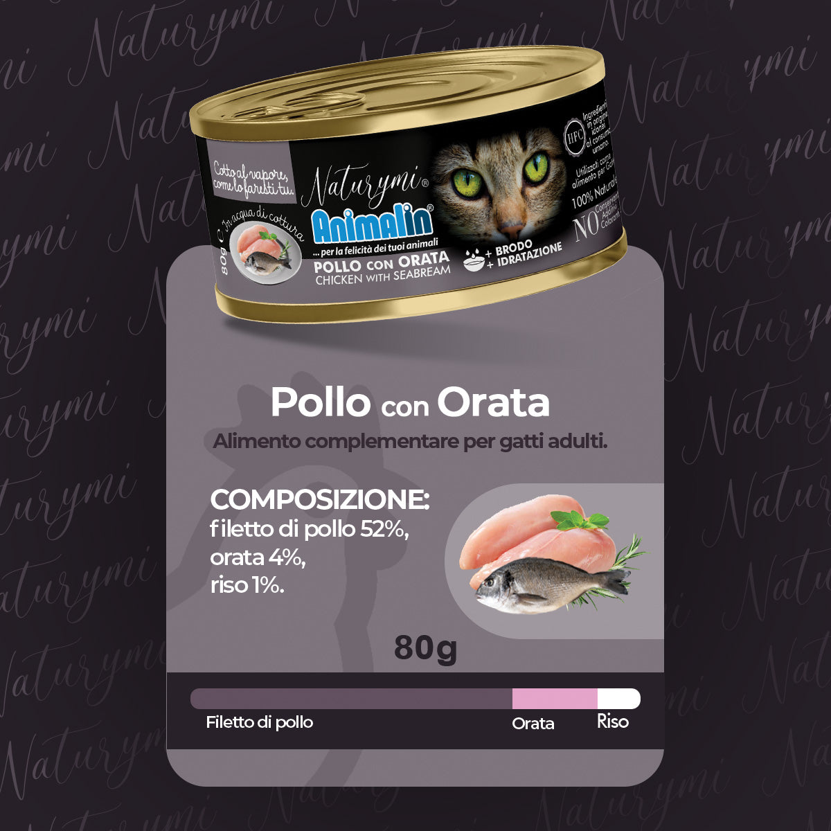 Alimento complementare per gatti Naturymi HFC con pollo e orata in acqua di cottura, 80 g