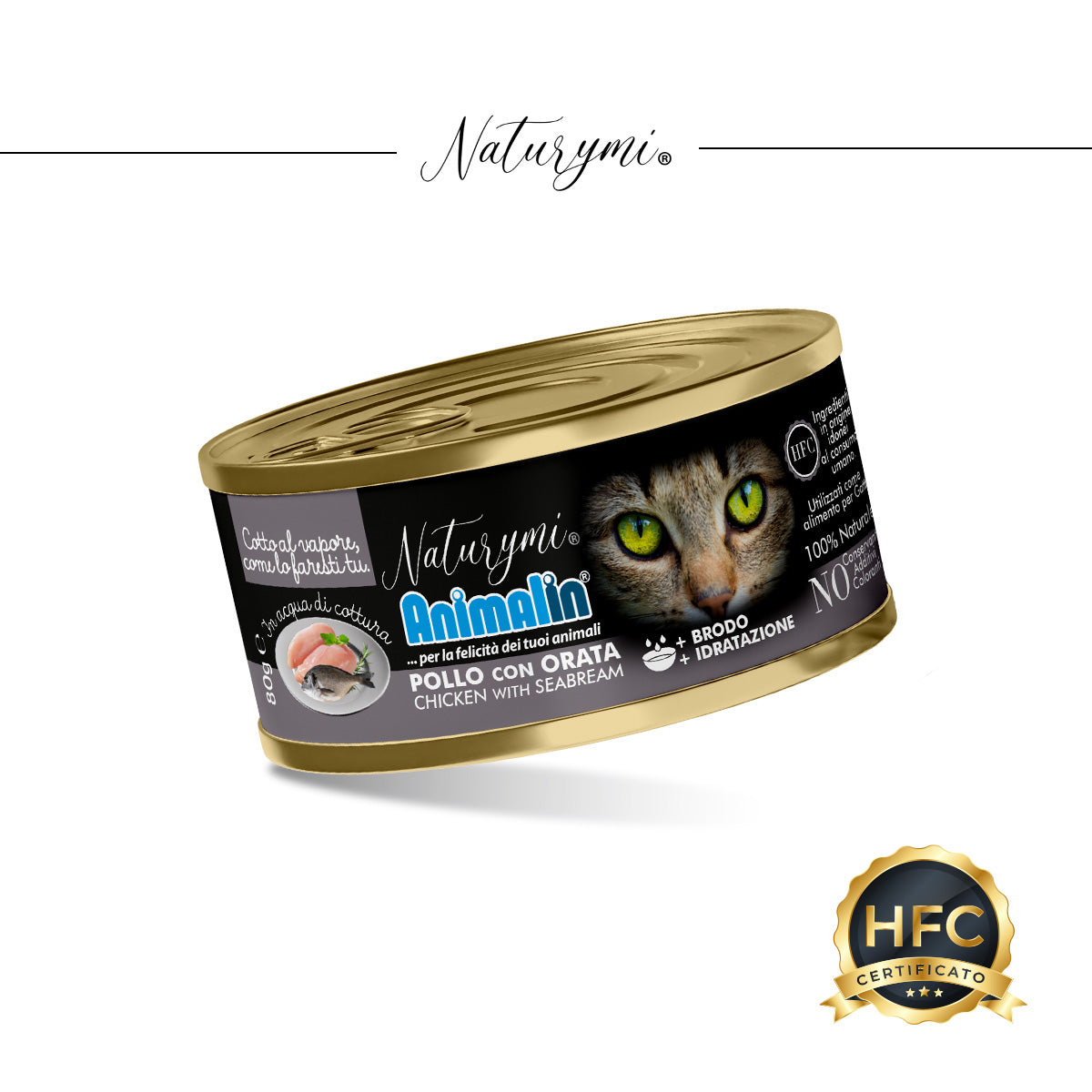Alimento complementare per gatti Naturymi HFC con pollo e orata in acqua di cottura, 80 g