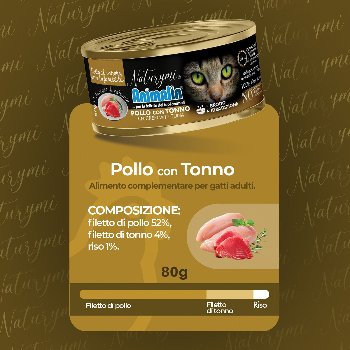 Alimento complementare Naturymi HFC per gatti con pollo e tonno in acqua, vaschetta 80 g