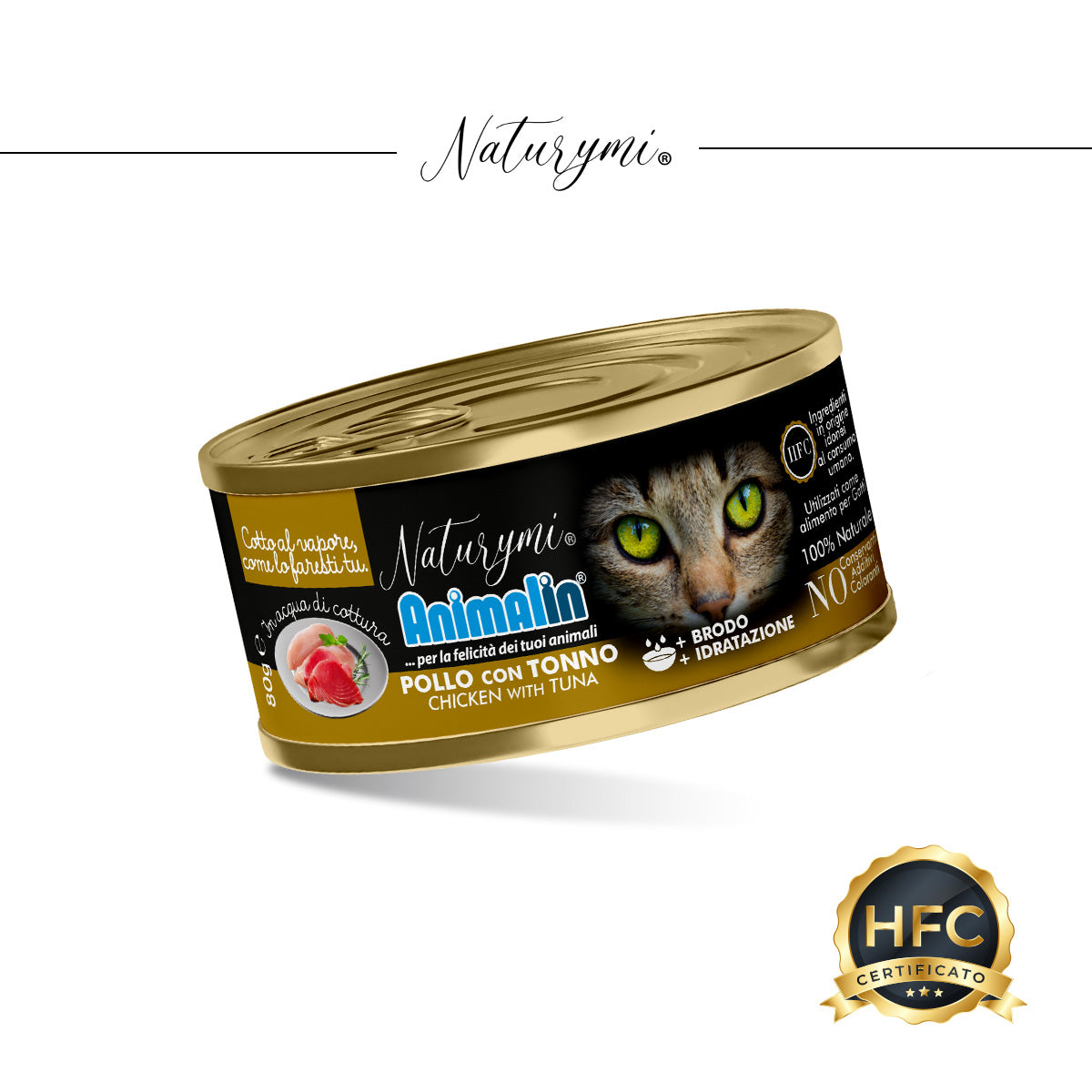 Alimento complementare Naturymi HFC per gatti con pollo e tonno in acqua, vaschetta 80 g
