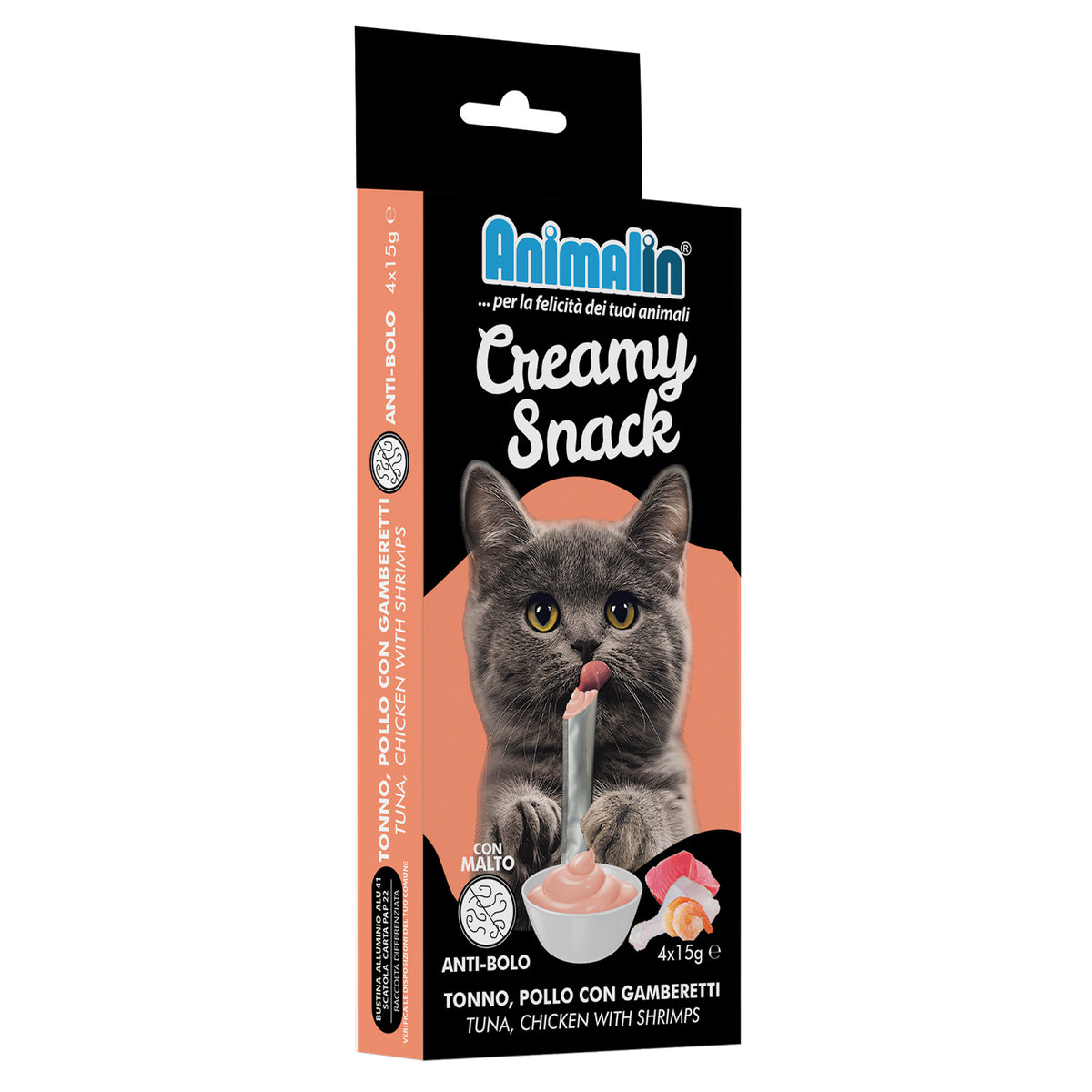 SNACK CAT CREAMY TONNO POLLO CON GAMBERETTI ANTI-HAIRBALL 4 PCS X 15 GR
