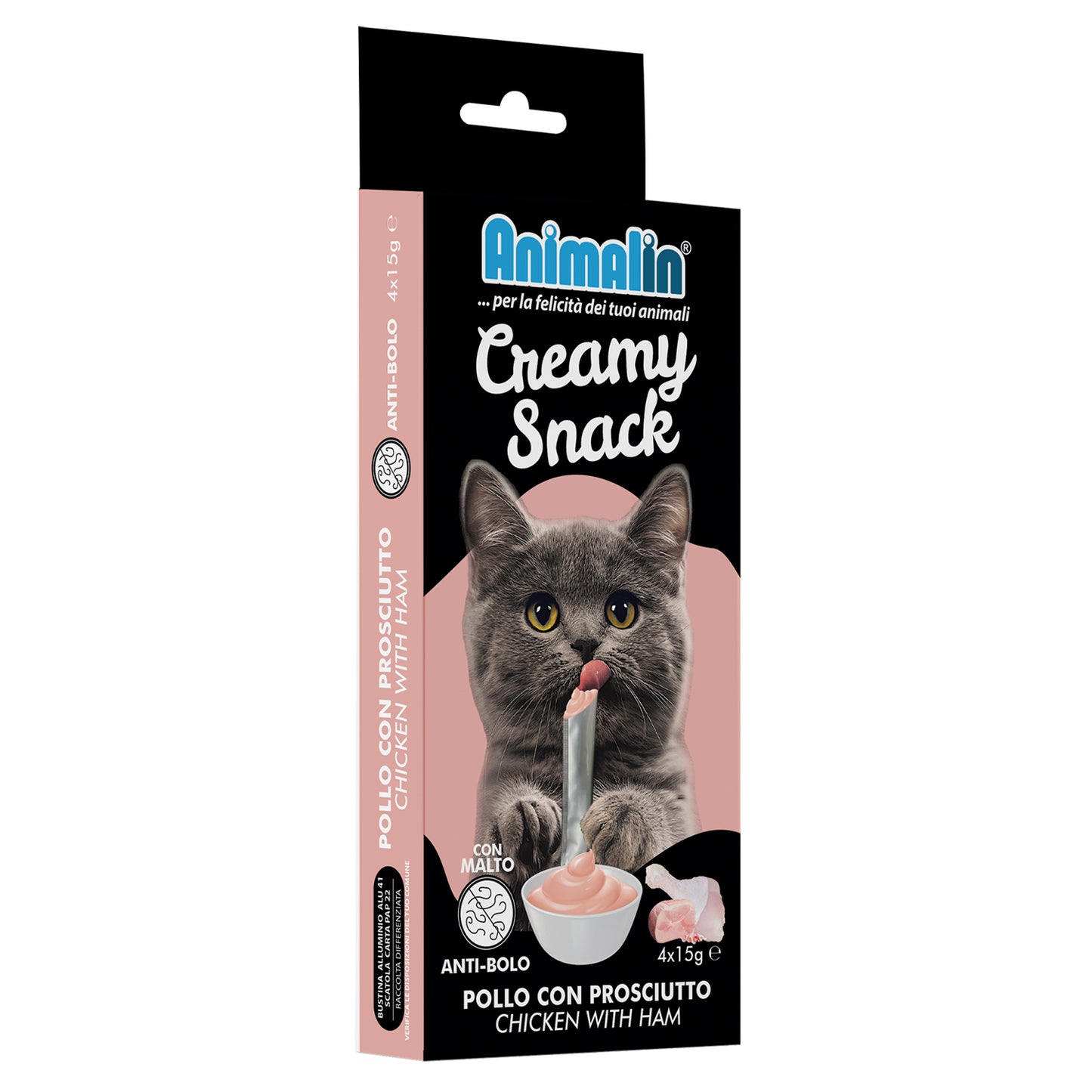 SNACK CAT CREAMY POLLO CON PROSCIUTTO ANTI-HAIRBALL 4 PCS X 15 GR