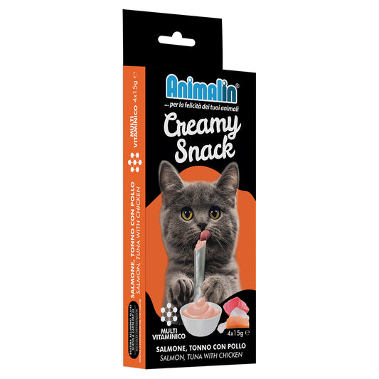 SNACK CAT CREAMY SALMONE, TONNO CON POLLO MULTIVITAMINICO 4 PCS X 15 GR
