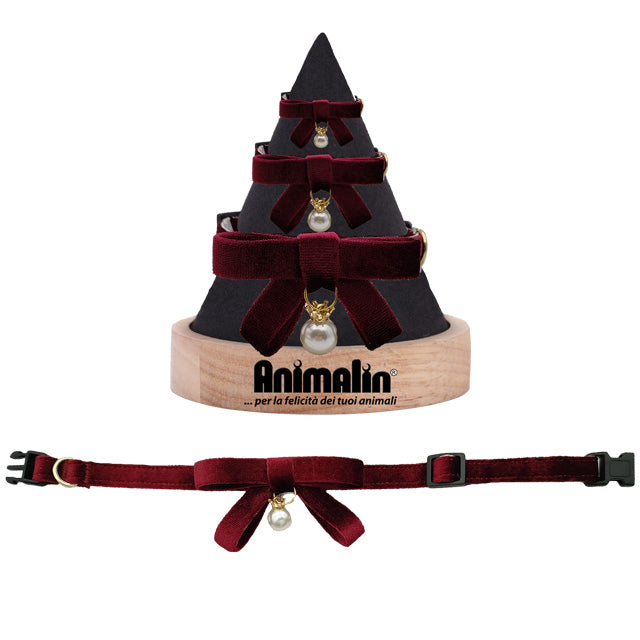 Collare gioiello in velluto bordeaux per cani con ciondolo a perla e cofanetto regalo