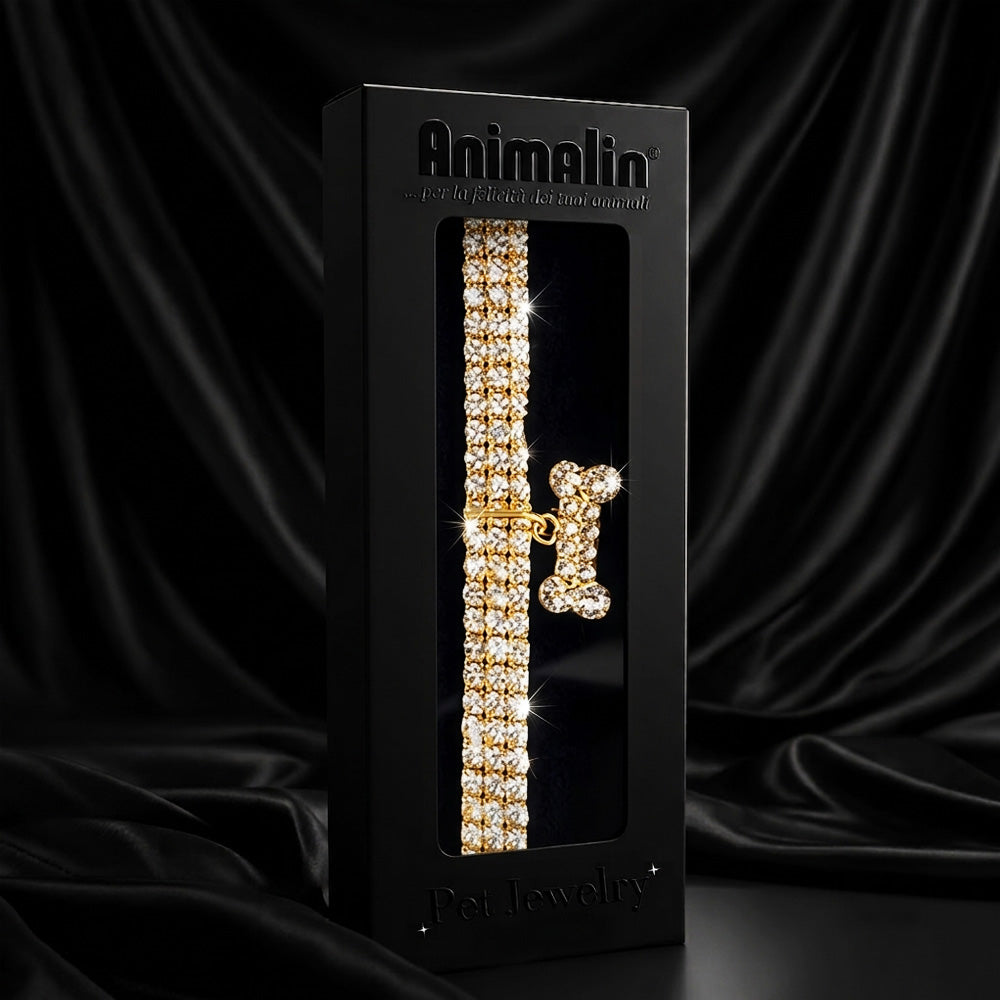 Collare gioiello strass osso oro per cani con ciondolo brillante e catena estensibile