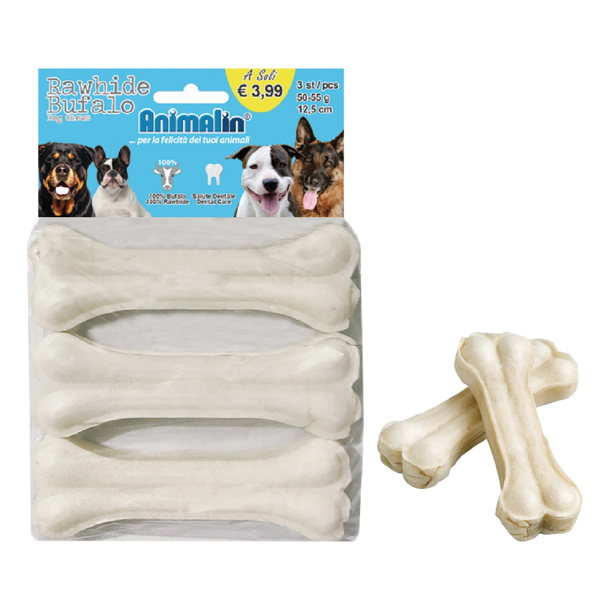OSSO BUFALO BIANCO PRESSATO PER CANI BUSTA DA 3 PZ