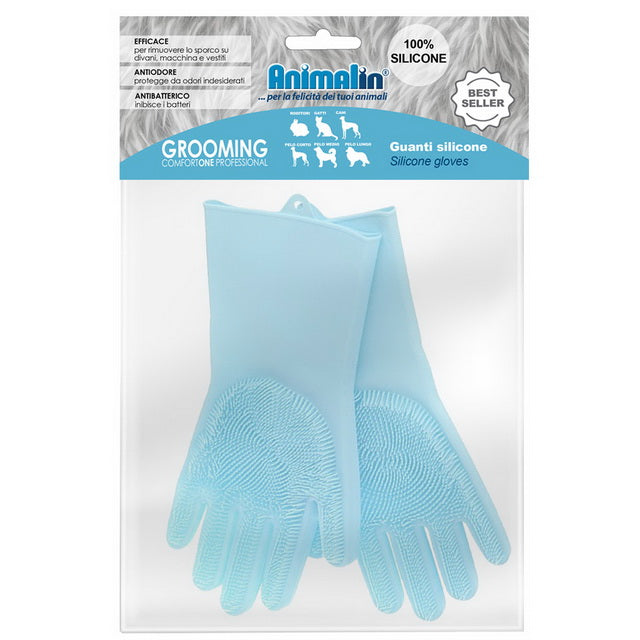 Guanti in silicone professionali Animalin con particelle antiscivolo e testine massaggianti per toelettatura animali