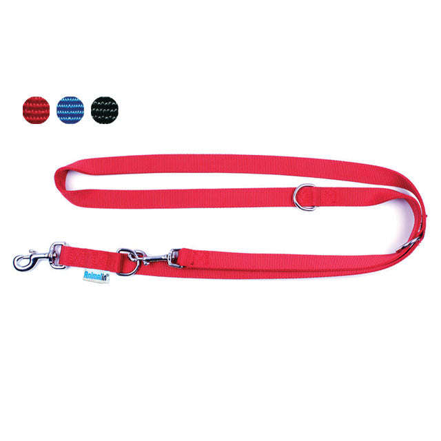 Guinzaglio nylon addestramento per cani con moschettone metallico, disponibile in rosso blu e nero