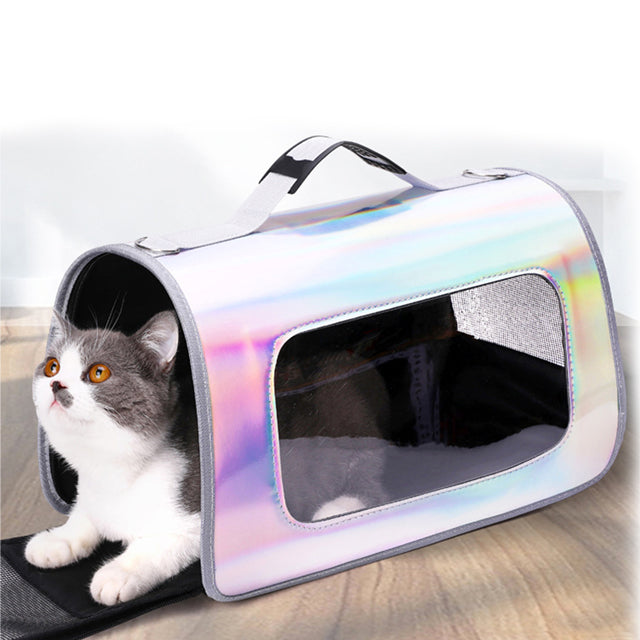 Borsa trasportino semirigida holographic con reti traspiranti per gatti e cani piccoli