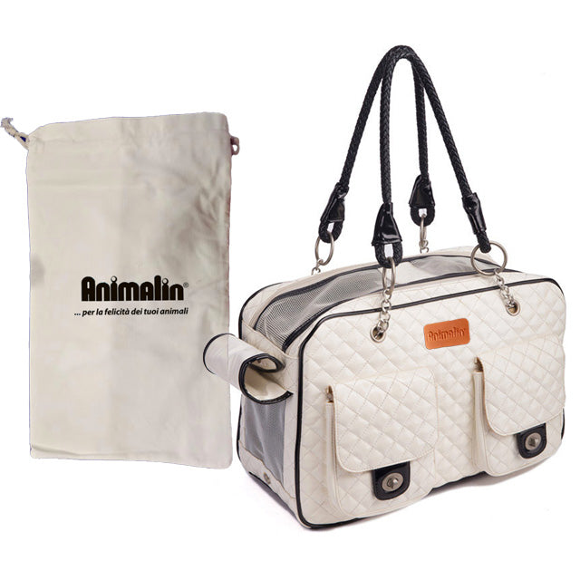 Borsa trasportino Elisabetta II per cani con rete traspirante, 43x27x19 cm, colore panna e nero