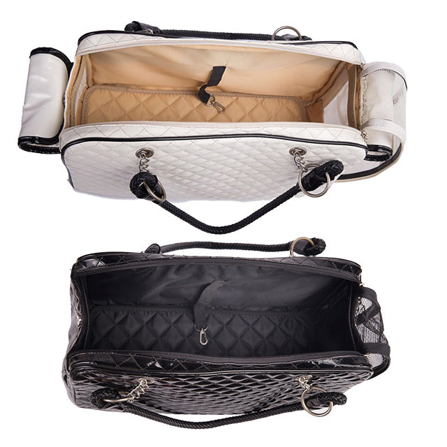 Borsa trasportino Elisabetta II per cani con rete traspirante, 43x27x19 cm, colore panna e nero
