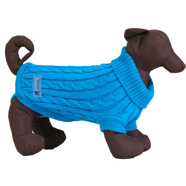 Maglione treccia azzurro per cani in maglia morbida con ricamo, foro collare e cinturini zampe