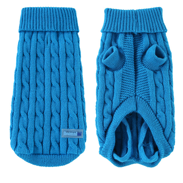 Maglione treccia azzurro per cani in maglia morbida con ricamo, foro collare e cinturini zampe