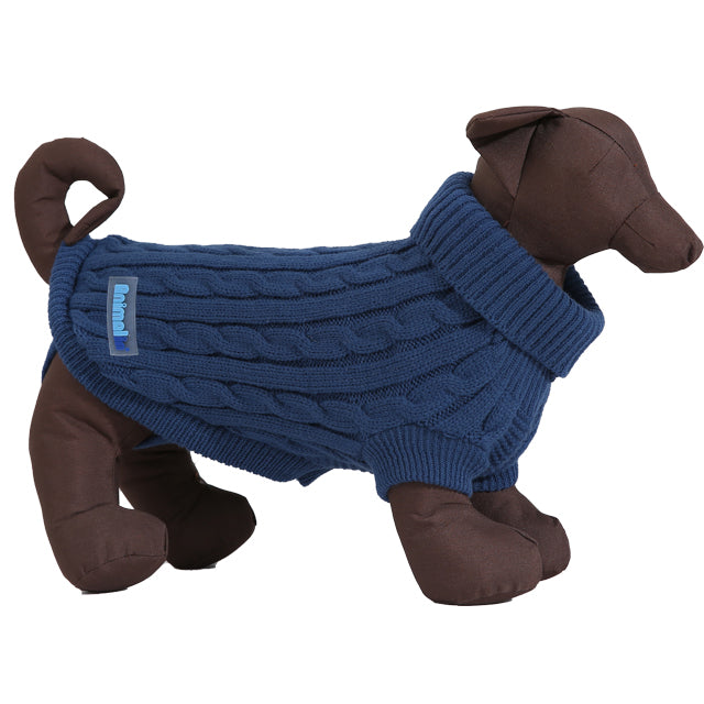 Maglione treccia blu per cani, morbido e traspirante, con ricamo a treccia e cinturini per le zampe